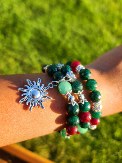 Beaded Bracelet Set Green, Cranberry & Pink Agate with Silver Sun Charm One-Of-A-Kind Gift For Her