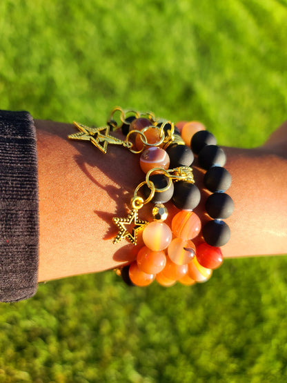 Beaded Bracelet Set Orange Banded Round Agate, Matte Black Beads with Gold Star Charms Gift For Her
