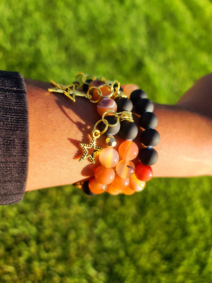 Beaded Bracelet Set Orange Banded Round Agate, Matte Black Beads with Gold Star Charms Gift For Her