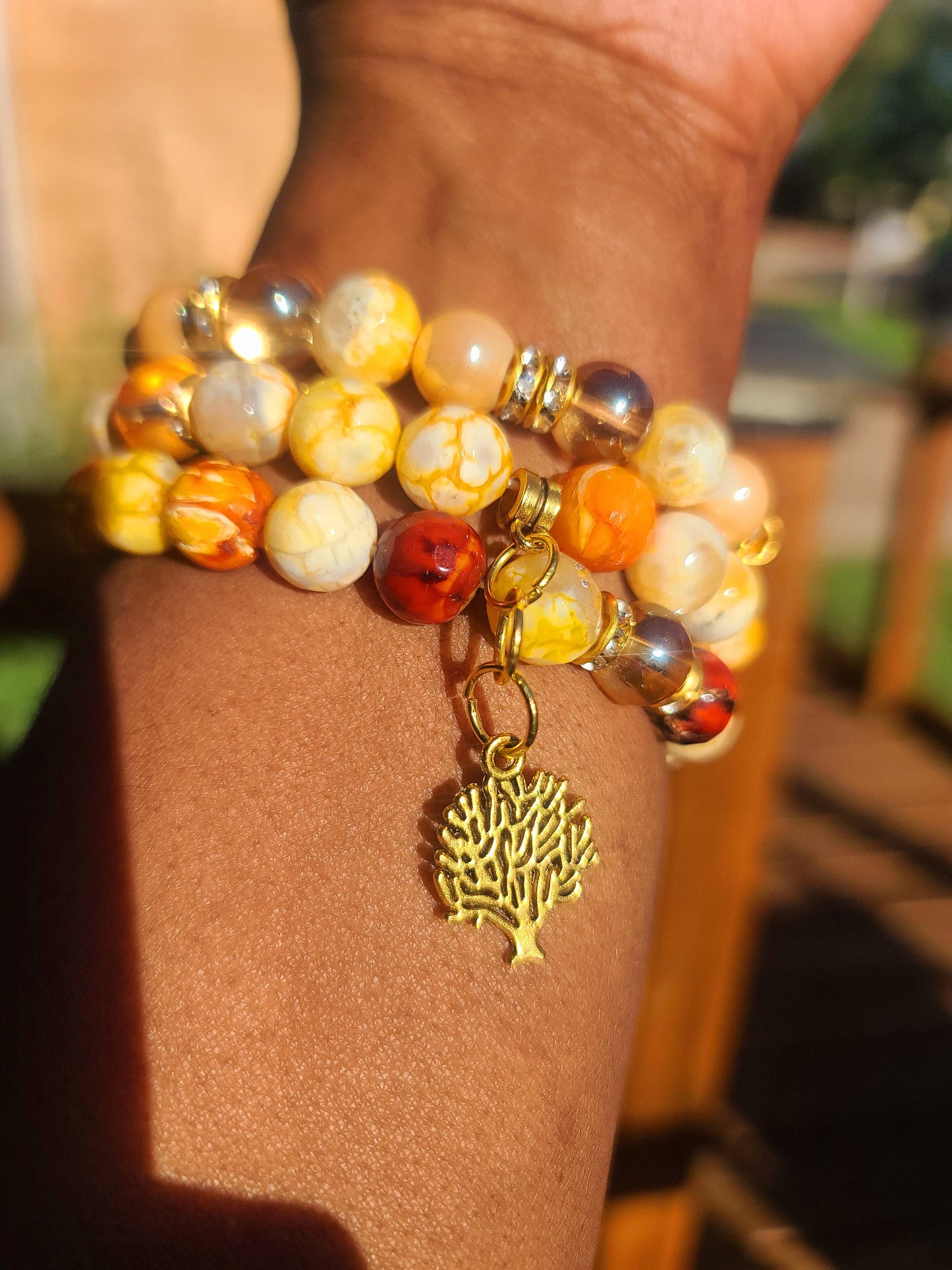 Beaded Bracelet Set Yellow White & Brown Fire Faceted Agate Gold Tree Charm Gift For Her