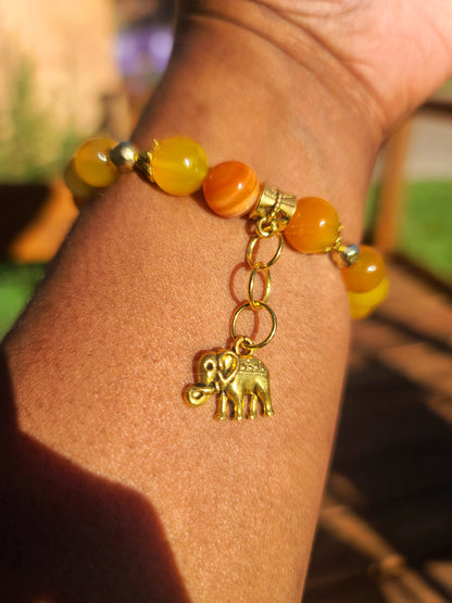 Beaded Bracelet Orange Banded Round Agate with Gold Elephant Charm Gift For Her