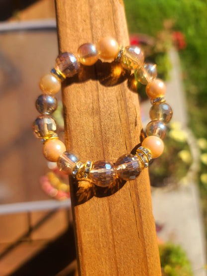 Beaded Bracelet Champagne Round Bead with  Champagne Plated Crystal Bead Gift For Her