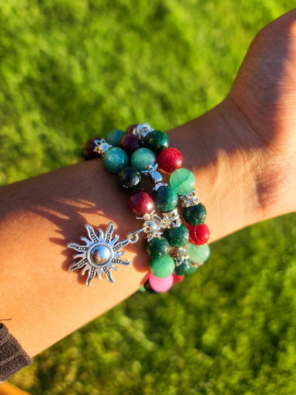 Beaded Bracelet Set Green, Cranberry & Pink Agate with Silver Sun Charm One-Of-A-Kind Gift For Her