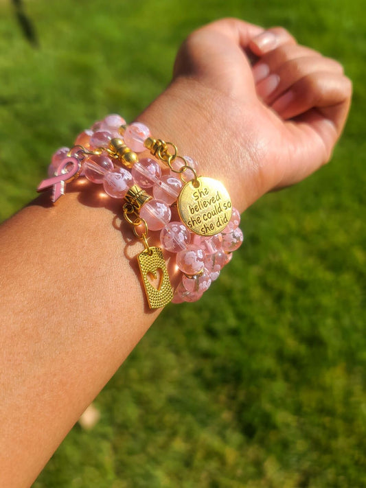 Beaded Bracelet Set Pink Snowflake Glass Beads Gold Silver Breast Cancer Awareness & Motivation Charms Gift For Her
