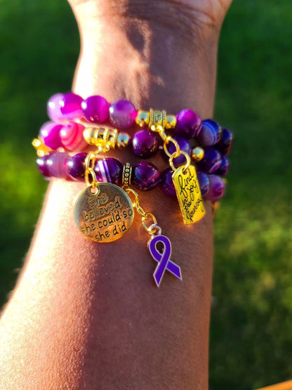 Beaded Bracelet Set Purple Banded Round Agate Beads with Gold Domestic Violence Awareness Motivational Charms