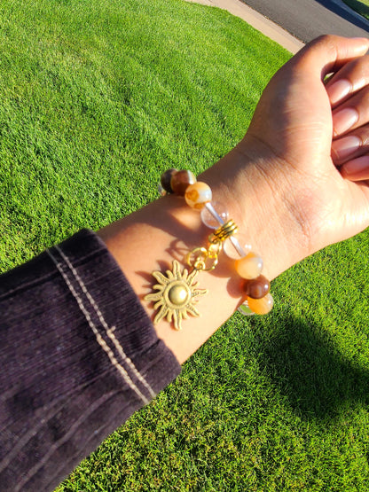Beaded Bracelet Brown Round Banded Agate with Gold Music Note Gift For Her