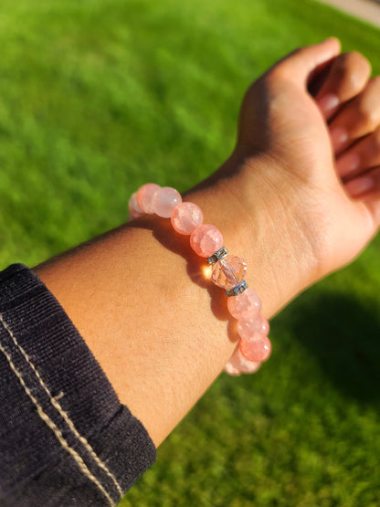 Beaded Bracelet Set Rose Quartz with Pink Glass Bead Gift For Her