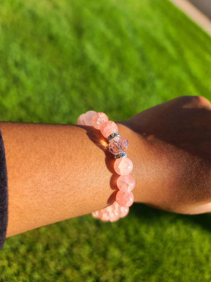 Beaded Bracelet Set Rose Quartz with Pink Glass Bead Gift For Her
