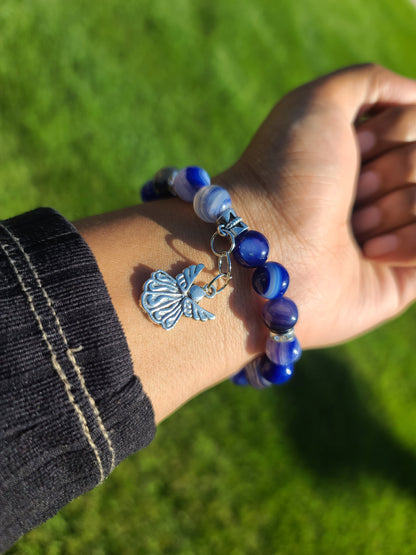 Beaded Bracelet Royal Blue Banded Round Agate Silver Angel Charm Gift For Her