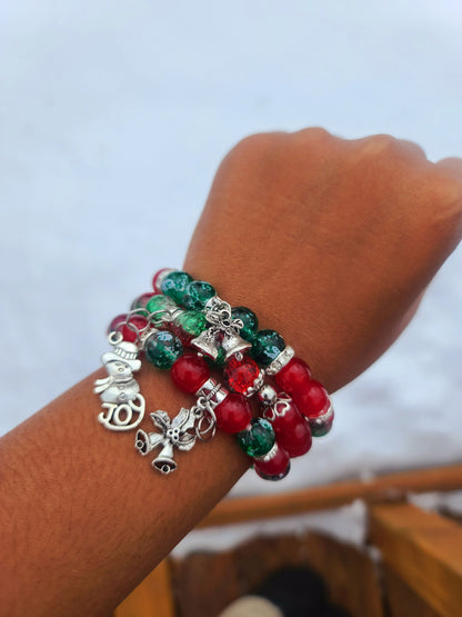 Beaded Bracelet Set Christmas Green and Red Round Glass Beads Silver Christmas Charms Gift For Her