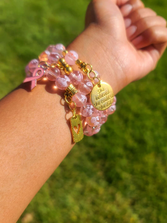 Beaded Bracelet Set Pink Snowflake Glass Beads Gold Breast Cancer Awareness & motivation Charms Gift For Her