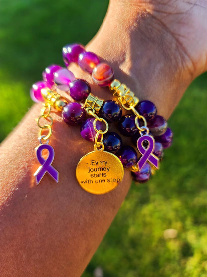Beaded Bracelet Set Purple Banded Round Agate Beads with Gold Domestic Violence Awareness Motivational Charms