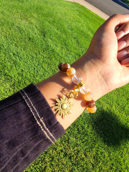 Beaded Bracelet Brown Round Banded Agate with Gold Music Note Gift For Her
