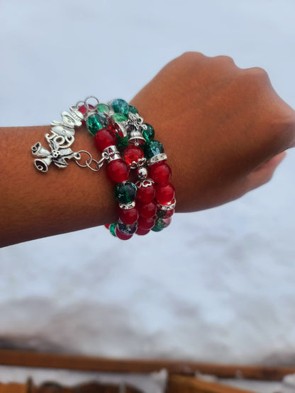 Beaded Bracelet Set Christmas Green and Red Round Glass Beads Silver Christmas Charms Gift For Her