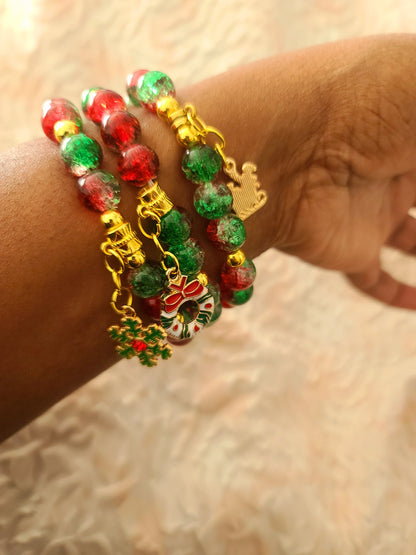 Beaded Bracelet Set Christmas Green and Red Round Glass Beads Gold Christmas Charms Gift For Her