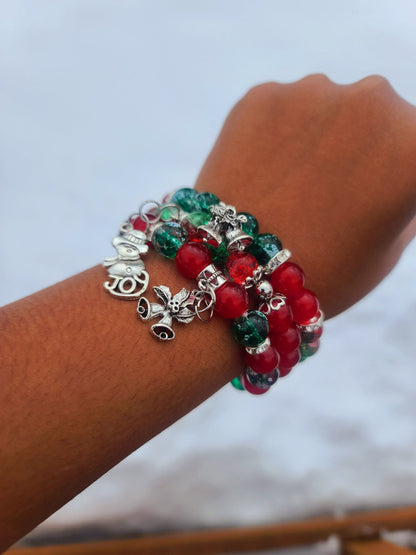 Beaded Bracelet Set Christmas Green and Red Round Glass Beads Silver Christmas Charms Gift For Her