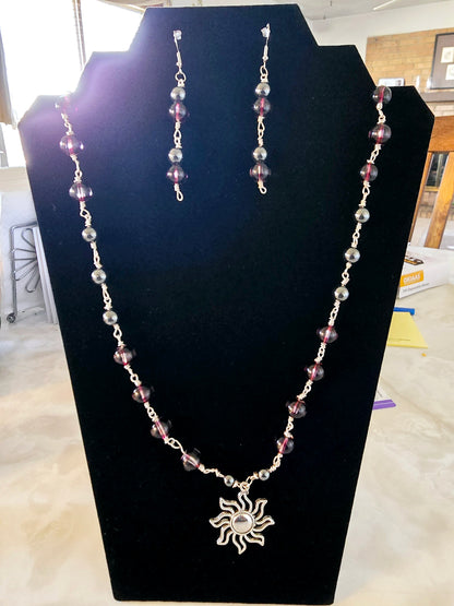 Beaded Earrings + Necklace Set Dark Purple Cat-Eye Silver Sun Charm Fashion Accessory Gift For Her