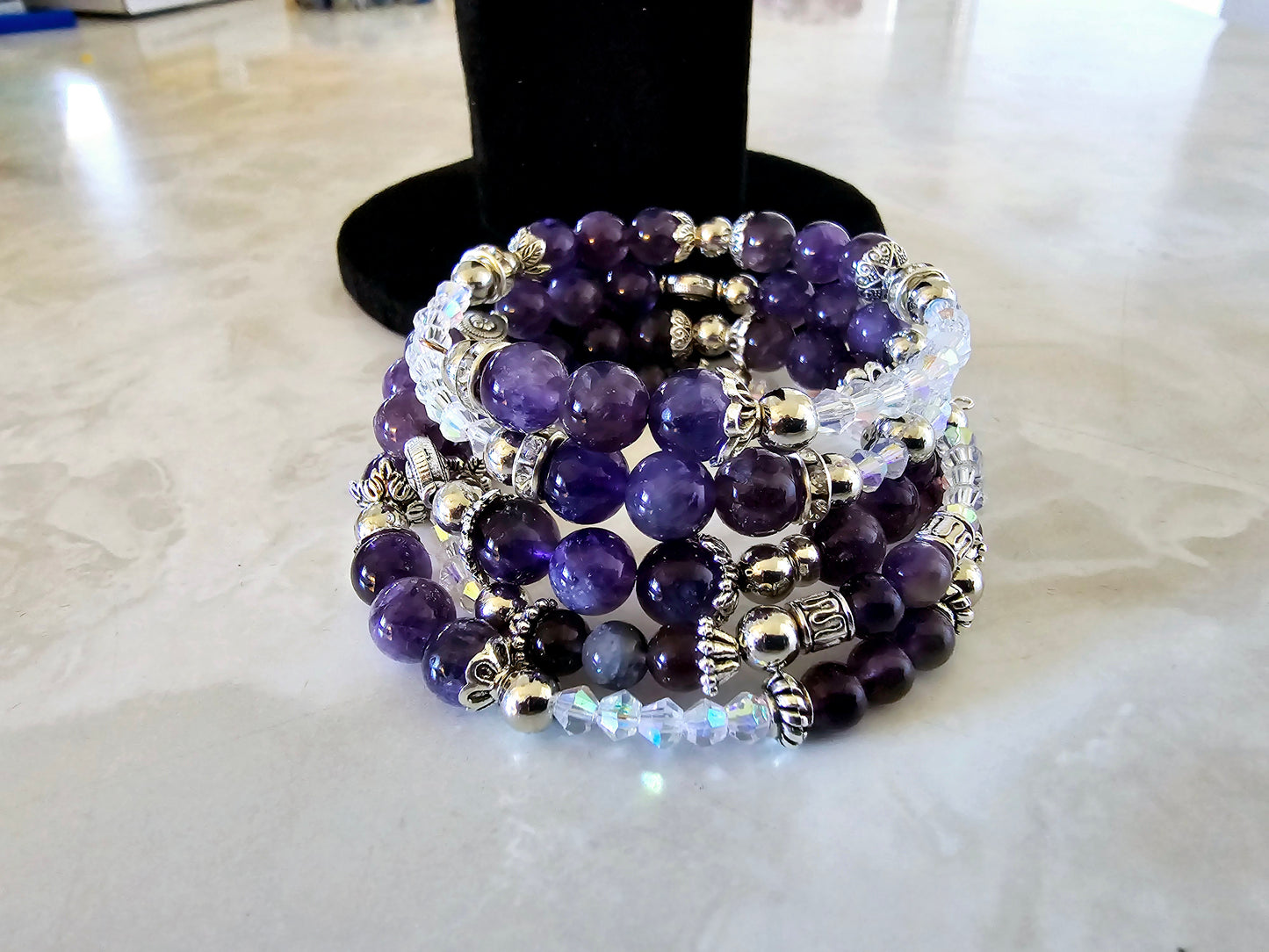 Beaded Memory Wire Bracelet Dream Amethyst Silver Spacers Fashion Accessory Gift For Her