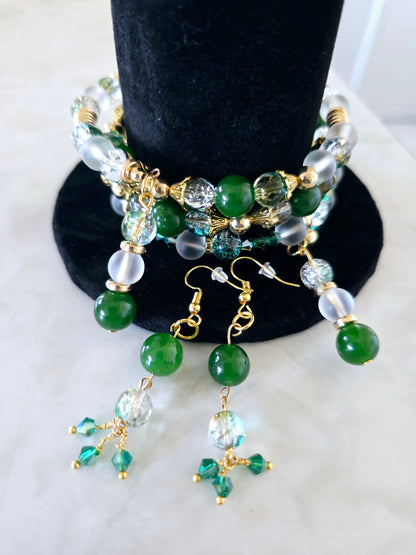 Beaded Memory Wire Bracelet + Earring Set Hunter Green Clear Green and Gold Crackle Beads Gold Spacers One-Of-A-Kind Jewelry For Her