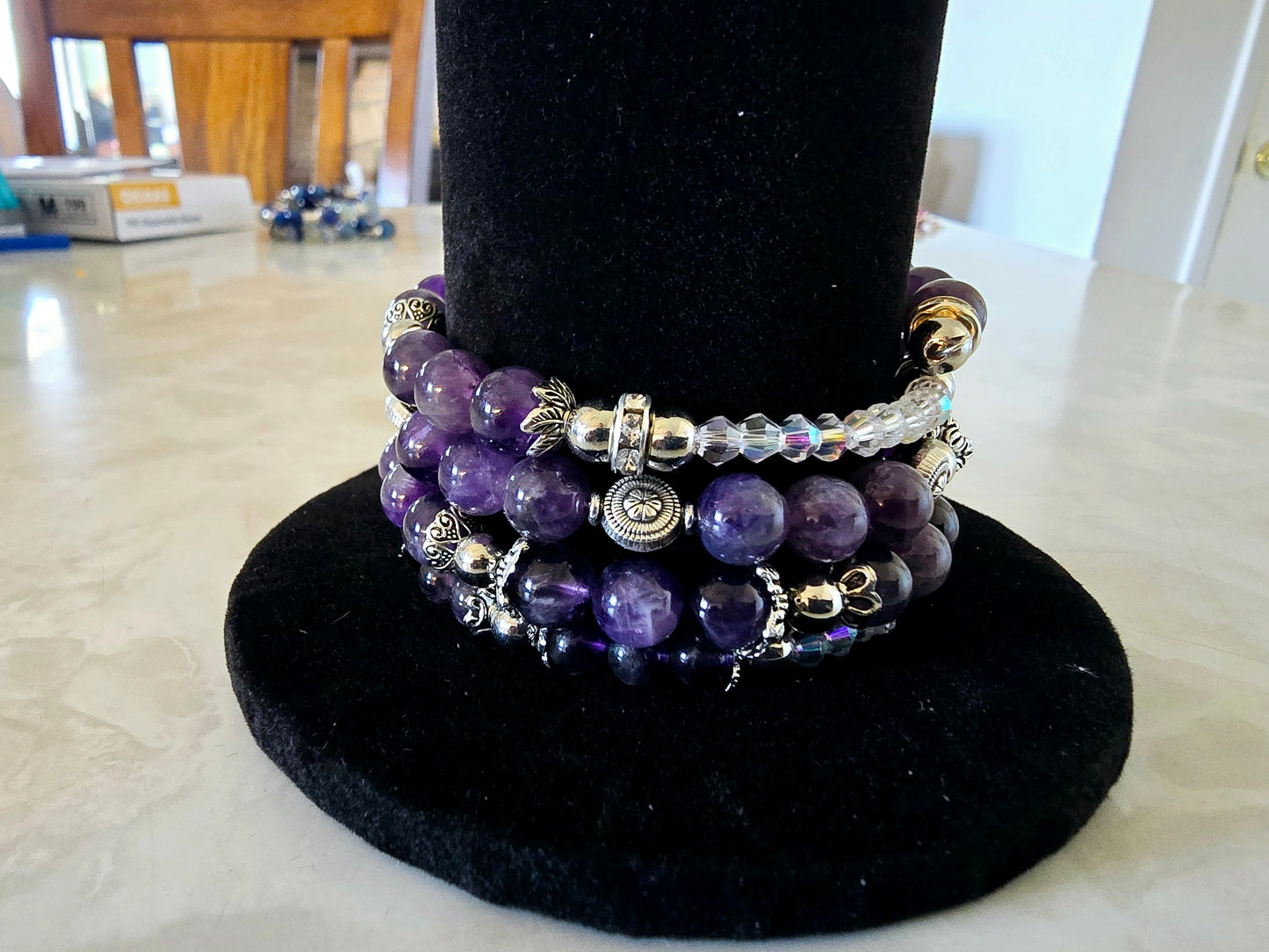 Beaded Memory Wire Bracelet Dream Amethyst Silver Spacers Fashion Accessory Gift For Her