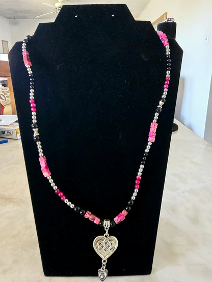 Beaded Memory Wire Bracelet and Necklace Set with Black Onyx and Pink Striped Beads Silver Charm Gift For Her