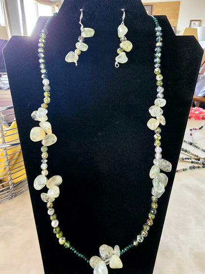 Beaded Jewelry Set Bracelet + Earrings + Necklace Moss Agate Beads Fashion Statement Gift or Her