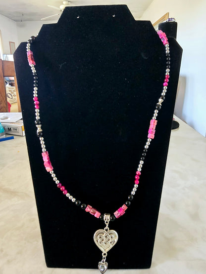 Beaded Memory Wire Bracelet and Necklace Set with Black Onyx and Pink Striped Beads Silver Charm Gift For Her