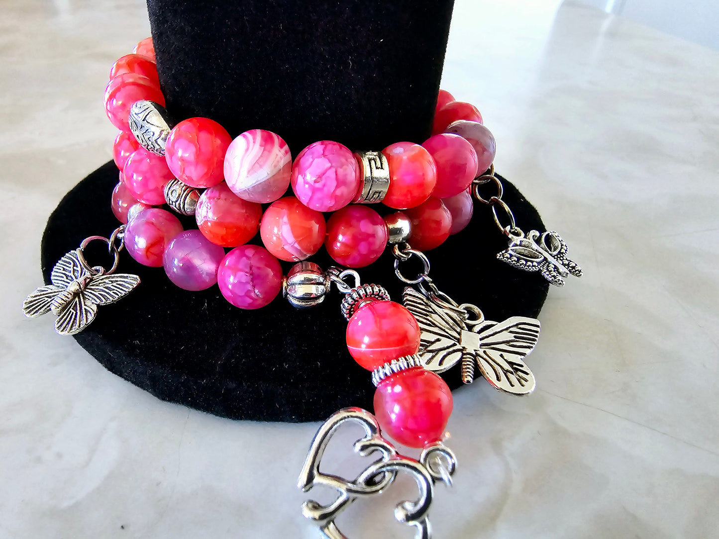 Beaded Memory Wire Bracelet Pink Glass Beads with Silver Hearts and Butterfly Charms Fashion Statement Gift For Her