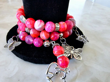 Beaded Memory Wire Bracelet Pink Glass Beads with Silver Hearts and Butterfly Charms Fashion Statement Gift For Her