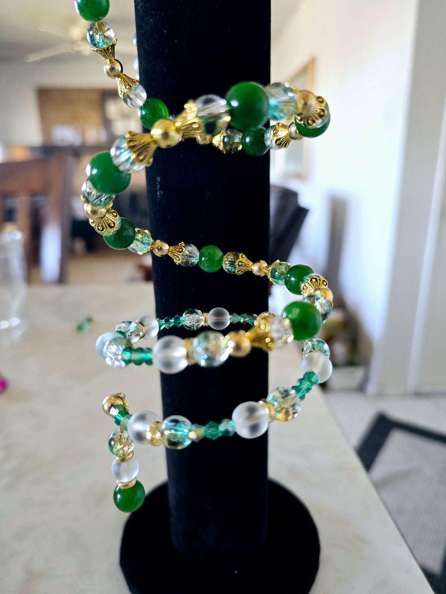 Beaded Memory Wire Bracelet + Earring Set Hunter Green Clear Green and Gold Crackle Beads Gold Spacers One-Of-A-Kind Jewelry For Her