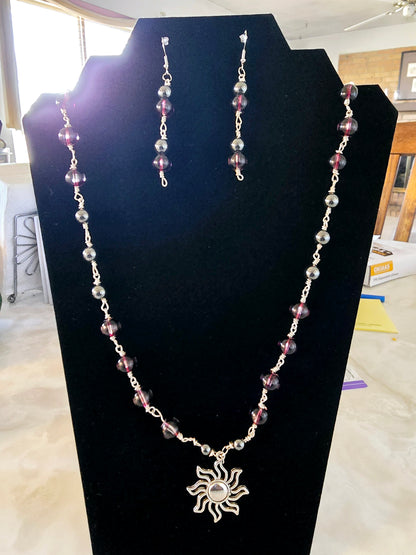 Beaded Earrings + Necklace Set Dark Purple Cat-Eye Silver Sun Charm Fashion Accessory Gift For Her