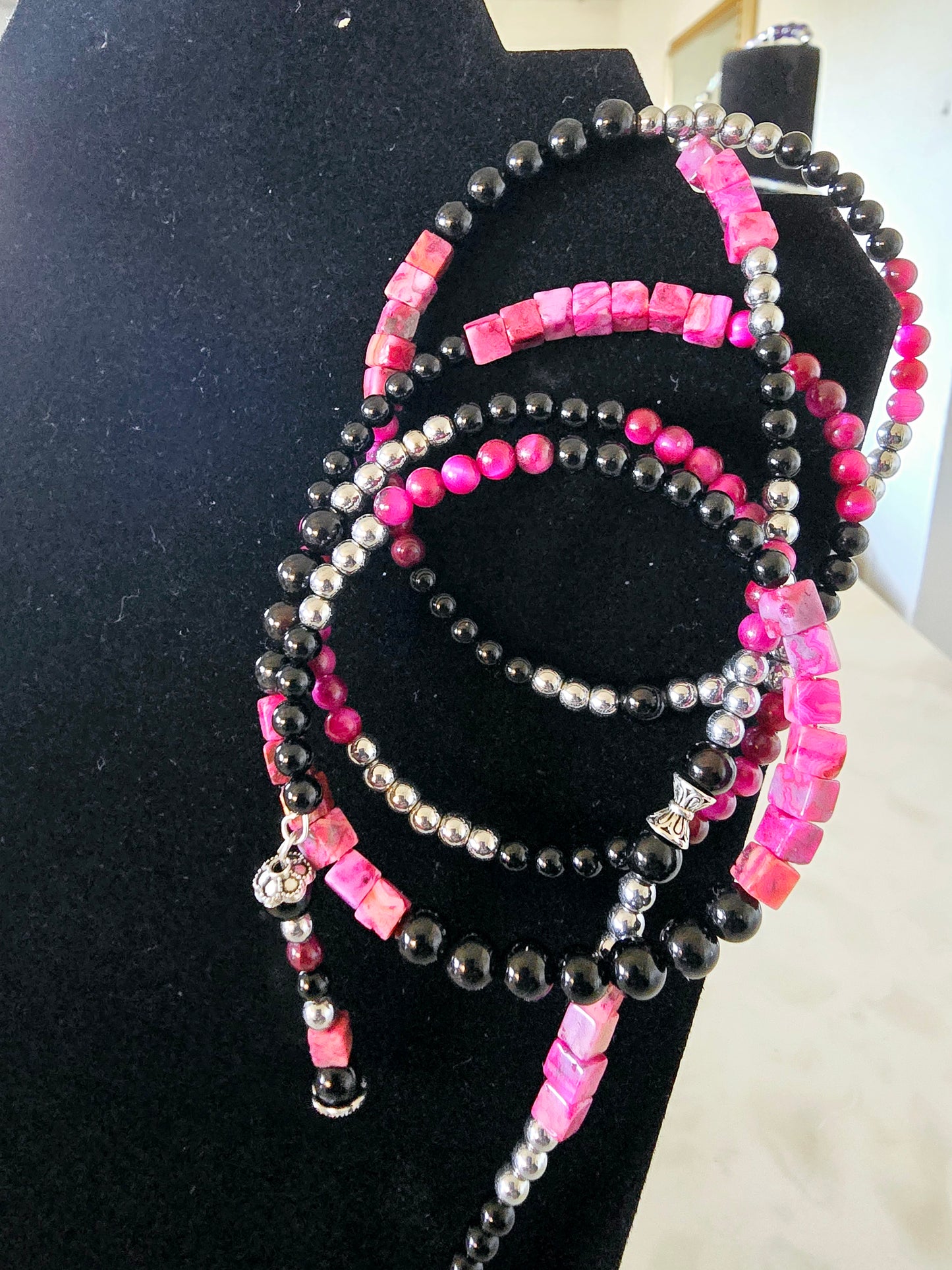 Beaded Memory Wire Bracelet and Necklace Set with Black Onyx and Pink Striped Beads Silver Charm Gift For Her