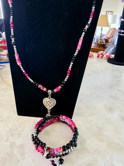 Beaded Memory Wire Bracelet and Necklace Set with Black Onyx and Pink Striped Beads Silver Charm Gift For Her