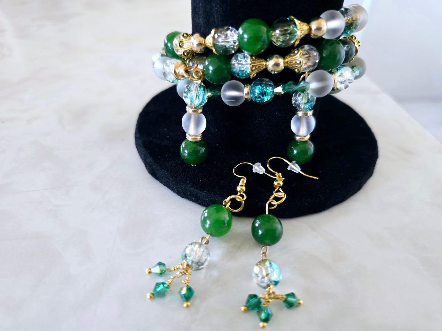 Beaded Memory Wire Bracelet + Earring Set Hunter Green Clear Green and Gold Crackle Beads Gold Spacers One-Of-A-Kind Jewelry For Her