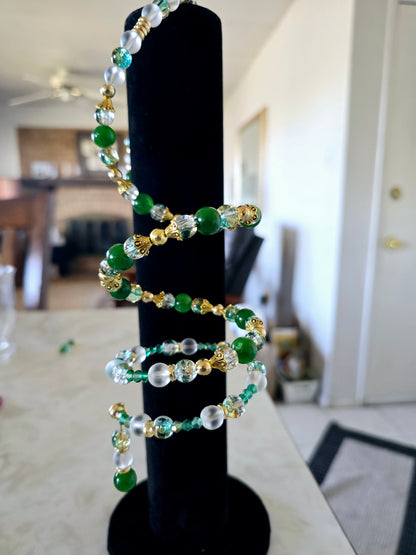 Beaded Memory Wire Bracelet + Earring Set Hunter Green Clear Green and Gold Crackle Beads Gold Spacers One-Of-A-Kind Jewelry For Her
