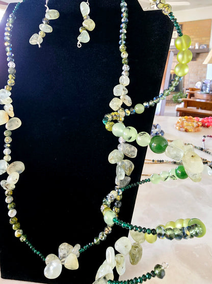 Beaded Jewelry Set Bracelet + Earrings + Necklace Moss Agate Beads Fashion Statement Gift or Her
