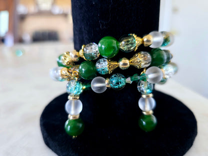 Beaded Memory Wire Bracelet + Earring Set Hunter Green Clear Green and Gold Crackle Beads Gold Spacers One-Of-A-Kind Jewelry For Her