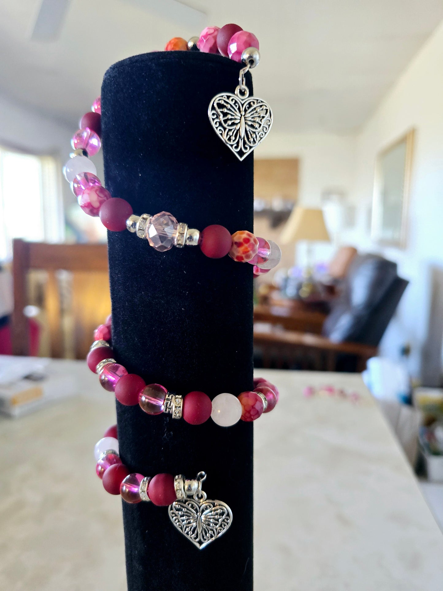 Beaded Memory Wire Bracelet Matte Red Hot Pink Glass Beads Fashion Accessory Gift For Her