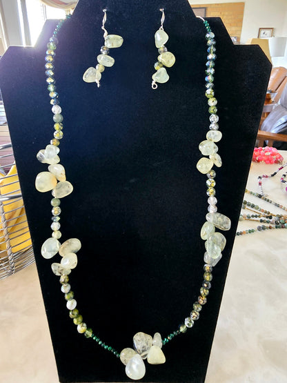 Beaded Jewelry Set Bracelet + Earrings + Necklace Moss Agate Beads Fashion Statement Gift or Her