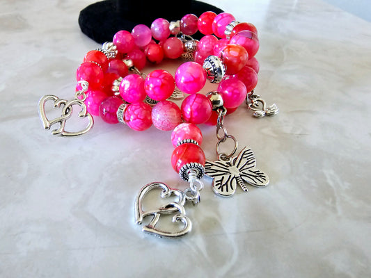 Beaded Memory Wire Bracelet Pink Glass Beads with Silver Hearts and Butterfly Charms Fashion Statement Gift For Her