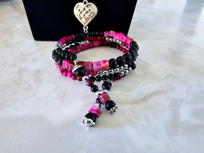 Beaded Memory Wire Bracelet and Necklace Set with Black Onyx and Pink Striped Beads Silver Charm Gift For Her