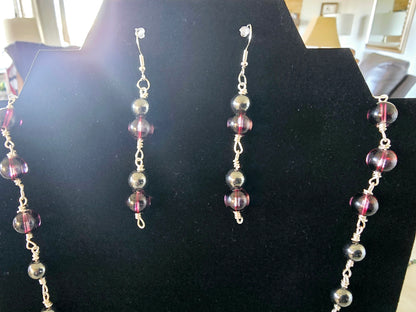 Beaded Earrings + Necklace Set Dark Purple Cat-Eye Silver Sun Charm Fashion Accessory Gift For Her