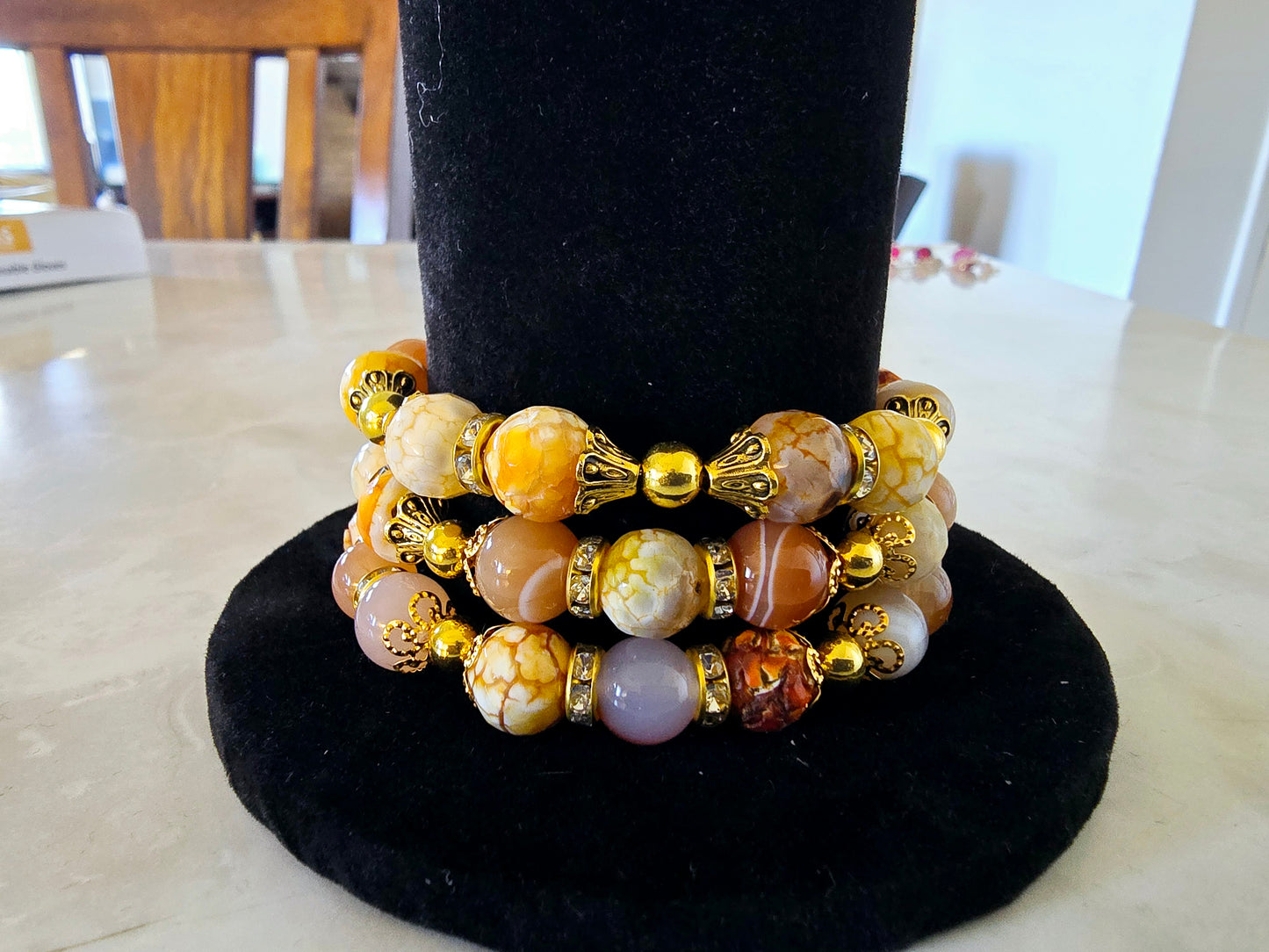 Beaded Memory Wire Bracelet Golden Glass Beads Fashion Statement Gift For Her