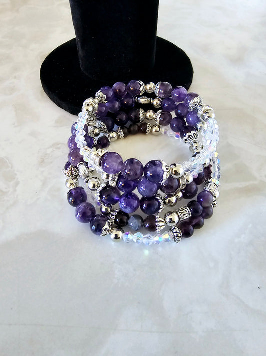 Beaded Memory Wire Bracelet Dream Amethyst Silver Spacers Fashion Accessory Gift For Her
