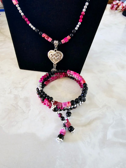 Beaded Memory Wire Bracelet and Necklace Set with Black Onyx and Pink Striped Beads Silver Charm Gift For Her