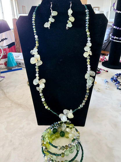 Beaded Jewelry Set Bracelet + Earrings + Necklace Moss Agate Beads Fashion Statement Gift or Her