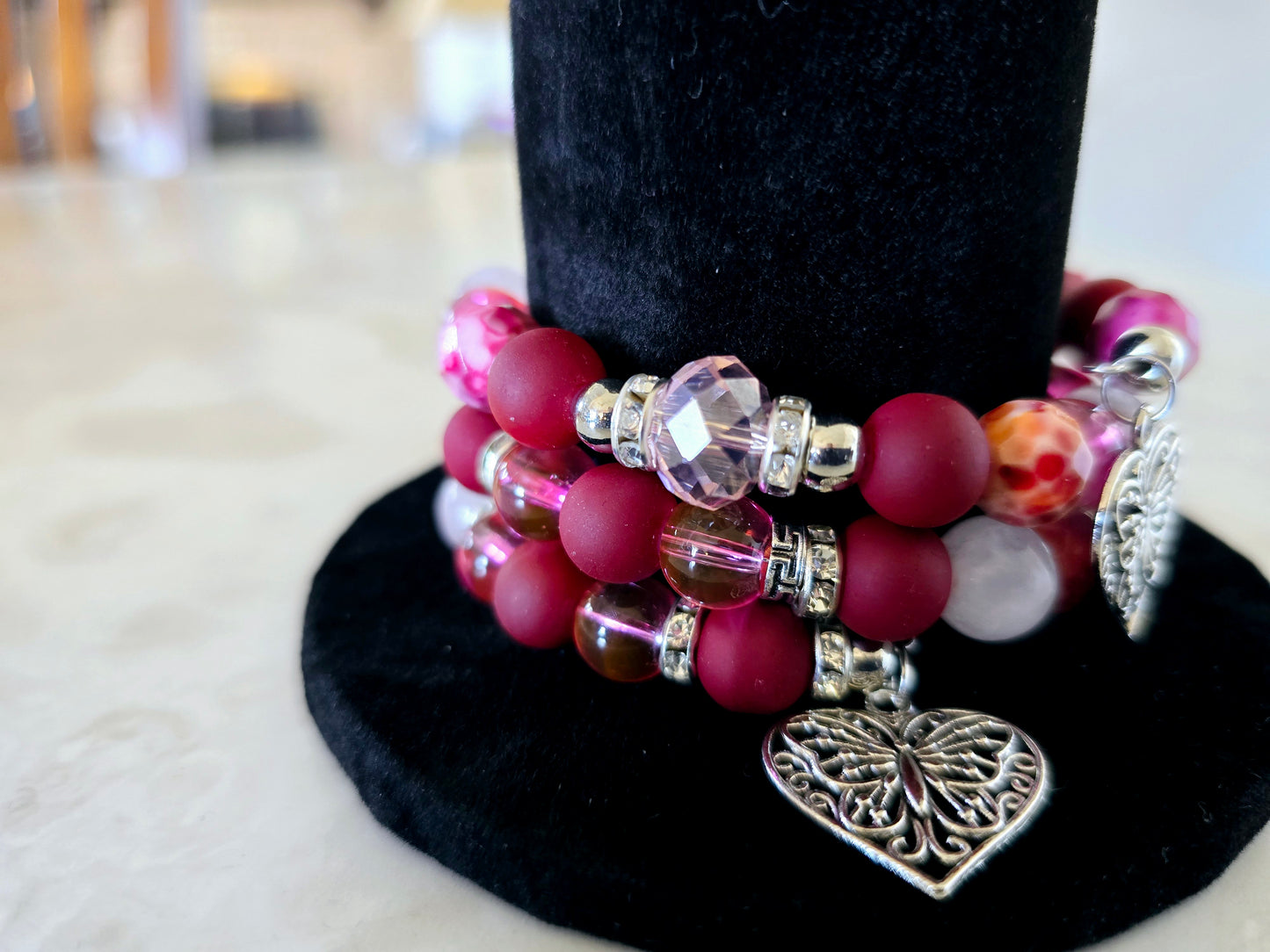 Beaded Memory Wire Bracelet Matte Red Hot Pink Glass Beads Fashion Accessory Gift For Her