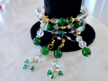 Beaded Memory Wire Bracelet + Earring Set Hunter Green Clear Green and Gold Crackle Beads Gold Spacers One-Of-A-Kind Jewelry For Her