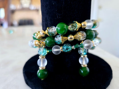 Beaded Memory Wire Bracelet + Earring Set Hunter Green Clear Green and Gold Crackle Beads Gold Spacers One-Of-A-Kind Jewelry For Her