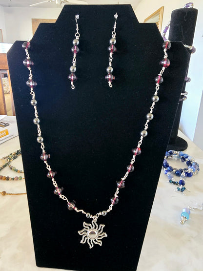 Beaded Earrings + Necklace Set Dark Purple Cat-Eye Silver Sun Charm Fashion Accessory Gift For Her